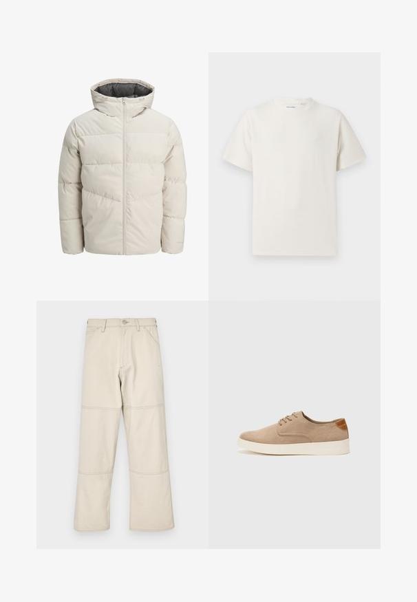 Valgebež väike paks jope kõrge kraega ja lukuga. Omab tikandit ja elastseid mansette. Kerge kangas.; Valge lühikeste varrukatega T-särk ribakudumises. Ümar kaelus, mugav lõige, nähtavad mustrid ega aksessuaarid puuduvad. Lihtne ja mitmekesine disain.; Kreemjad laiad teksapüksid, mis on valmistatud puuvillast ja millel on sile tekstuur. Pükstel on kolmekordne õmblemine õmblustes ning viis taskut, sealhulgas münditasku.; Beežid nahast tossud ümarate varvastega, paeltega esiosa ja tekstuuriga tagakontuuriga. Valge kummist tallapakkumine loob kontrasti. Lihtne ja kaasaegne disain.