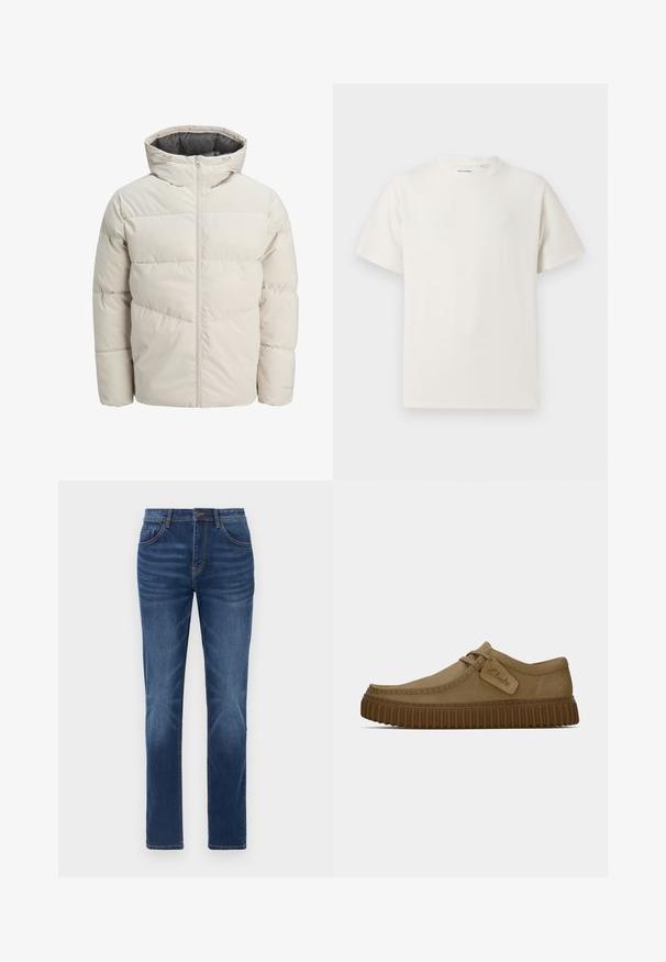 Polstret jakke i lys beige farge med høy krage og glidelås. Har en quiltet design og elastiske mansjetter. Lettvektstoff.; Hvit T-skjorte med kort erm i ribbestrikket tekstur. Rund hals, avslappet passform, ingen synlige mønstre eller detaljer. Enkelt og allsidig design.; Mørkeblå denimjeans med klassisk rett snitt, fem-lomme design og lett falming på bena. Har knapp- og glidelås-lukking.; Lys brun semsket skinnsko med rundt tå, sydd detaljer og en ribbet brun gummisåle. Har en sideetikett med "Clarks"-logo.