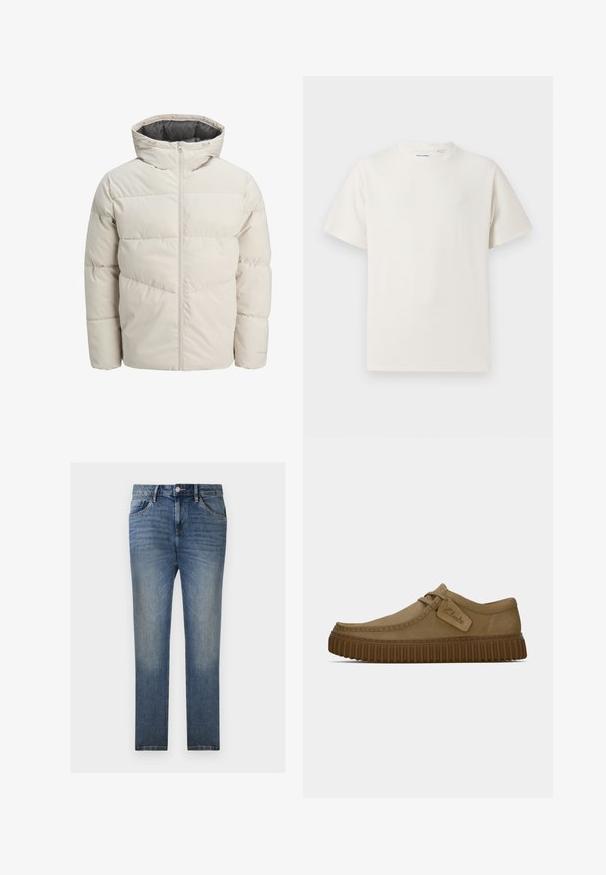 Pufota jaka gaišā bēžā krāsā ar augstu apkakli un rāvējslēdzēja aizdari. Iekļauj kviltotu dizainu un elastīgas aproces. Viegls audums.; Balta krūštura īsām piedurknēm ar ribota auduma faktūru. Apaļš kakla izgriezums, brīvs griezums, bez redzamām rakstām vai akcentiem. Vienkāršs un daudzpusīgs dizains.; TOM TAILOR JOSH - Džinsi ar taisnām starām - clean light stone blue denim; Gai brūni zamša apavi ar noapaļotu purngalu, šuvju detaļām un ribotu brūnu gumijas zoli. Satur sānu uzlīmi ar "Clarks" logotipu.