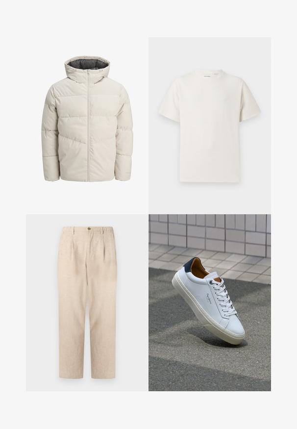 Leichte gepolsterte Jacke in hellbeige mit hohem Kragen und Reißverschluss. Verfügt über ein gestepptes Design und elastische Bündchen. Leichter Stoff.; Weißes T-Shirt mit kurzen Ärmeln in gerippter Textur. Runder Ausschnitt, lockere Passform, keine sichtbaren Muster oder Akzente. Einfaches und vielseitiges Design.; Beige Leinenhose mit Falten, elastischem Bund und einem einzigen Knopfverschluss. Gerades Bein Design mit strukturierter Oberfläche.; Weiße Ledersneaker mit navyfarbenem Fersenbereich, runder Zehenpartie und kontrastierenden braunen Akzenten. Verfügt über flache Schnürsenkel und eine strukturierte Gummisohle.