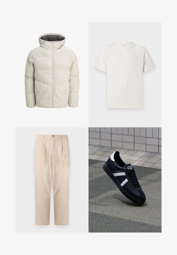 Padded jacket in light beige color with a high collar and zip closure. Features a quilted design and elastic cuffs. Lightweight fabric.; White short-sleeve T-shirt in a ribbed texture. Round neckline, relaxed fit, no visible patterns or accents. Simple and versatile design.; Beige linen trousers with pleats, elastic waistband, and a single button closure. Straight-leg design with a textured finish.; Black leather sneaker with white stripes, textured rubber sole, and lace-up front. Features a branded label on the tongue.