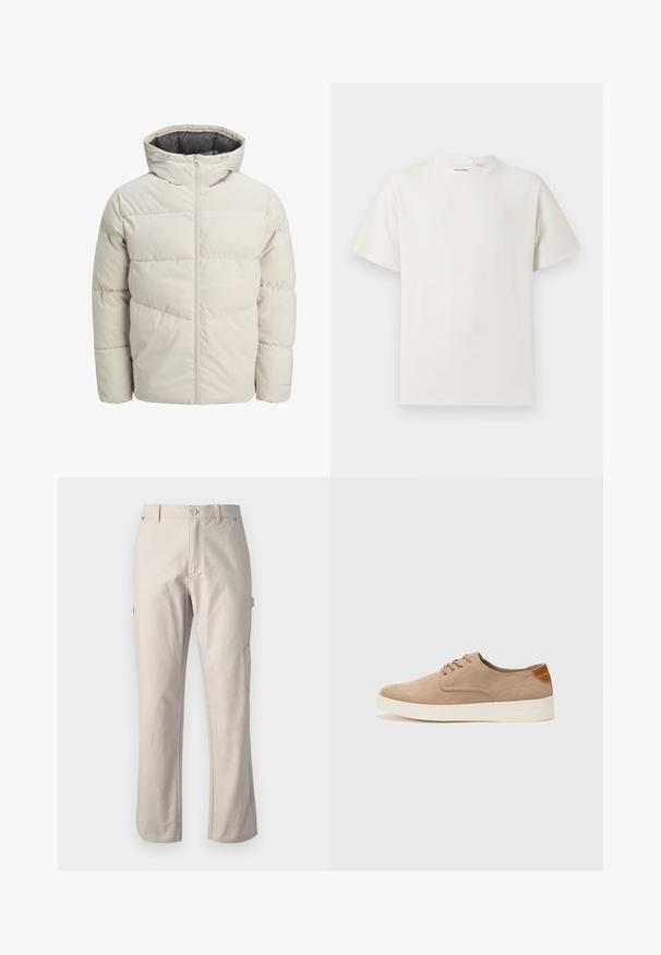 Veste matelassée de couleur beige clair avec un col montant et une fermeture éclair. Présente un design matelassé et des poignets élastiques. Tissu léger.; T-shirt blanc à manches courtes en texture côtelée. Encolure ronde, coupe décontractée, sans motifs ni accents visibles. Design simple et polyvalent.; Pantalons cargo beiges en coton résistant, à jambes droites, avec une fermeture par bouton à l'avant et des poches latérales pratiques. Texture lisse avec des coutures subtiles.; Baskets en daim beige avec un embout arrondi, un laçage sur le devant et un accent texturé à l'arrière. La semelle en caoutchouc blanche offre un contraste. Design simple et moderne.