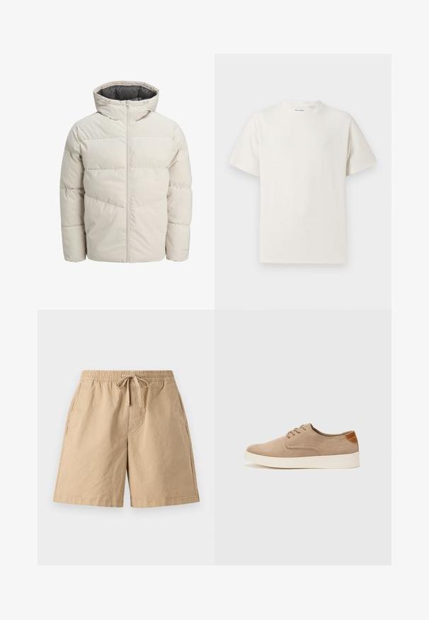 Polstret jakke i lys beige farve med høj krave og lynlås. Har et quiltet design og elastiske manchetter. Letvægtsstof.; Hvid kortærmet T-shirt i ribbet tekstur. Rund halsudskæring, løs pasform, ingen synlige mønstre eller accenter. Enkel og alsidig design.; Beige bomuldsshorts med elastisk talje og justerbar snøre, med sidelommer og afslappet pasform. Glat tekstur, knælang.; Beige ruskinds sneakers med rund tå, snørebånd foran og en struktureret rygdetalje. Hvid gummisål giver kontrast. Enkel og moderne design.