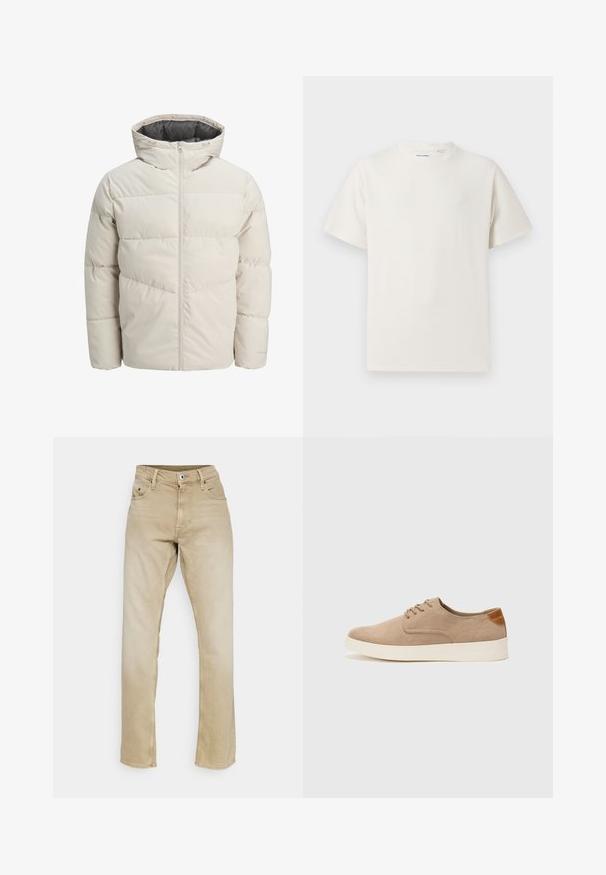 Padded jakna u svijetlosmeđoj boji s visokim ovratnikom i zatvaračem na munju. Ima kvadratni dizajn i elastične manžetne. Lagana tkanina.; Bijela kratka majica s kratkim rukavima u rebrastoj teksturi. Okrugli izrez, ležeran kroj, bez vidljivih uzoraka ili akcenta. Jednostavan i svestran dizajn.; Bež traperice s ravnim nogavicama, pet džepova i zatvaranjem na gumb. Imaju mekanu teksturu i jednostavne šavove.; Bež nubuk tenisice s okruglim vrhom, vezanjem sprijeda i teksturiranim stražnjim naglaskom. Bijela gumena potpetica pruža kontrast. Jednostavan i moderan dizajn.