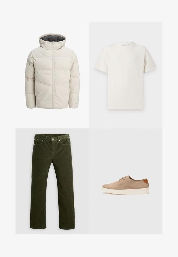 Párnázott dzseki világos bézs színben, magas gallérral és cipzáras záródással. Steppelt dizájn és rugalmas mandzsetta jellemzi. Könnyű anyag.; Fehér, rövid ujjú póló bordázott textúrával. Kerek nyakkivágás, laza szabás, nincs látható minta vagy díszítés. Egyszerű és sokoldalú dizájn.; Olíva zöld kordbársony egyenes szárú nadrág elülső gombbal, cipzárral, övhurkokkal és öt zsebes kialakítással, fehér háttér előtt.; Beige velúr sportcipő, kerek orral, fűzős elülső résszel és textúrált hátsó részlettel. Fehér gumitalp kontrasztot ad. Egyszerű és modern design.