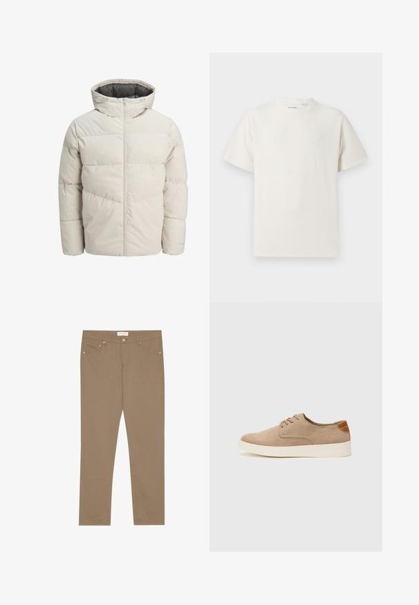 Giacca imbottita di colore beige chiaro con colletto alto e chiusura con zip. Presenta un design trapuntato e polsini elasticizzati. Tessuto leggero.; T-shirt bianca a maniche corte in texture a coste. Girocollo, vestibilità rilassata, senza modelli o accenti visibili. Design semplice e versatile.; Pantaloni in cotone elasticizzato color sabbia con design a gamba dritta, stile a cinque tasche e dettagli in metallo. Texture liscia e dettagli di cucitura classici.; Sneaker in suede beige con punta arrotondata, stringhe davanti e un accento testurizzato sul retro. La suola in gomma bianca offre un contrasto. Design semplice e moderno.