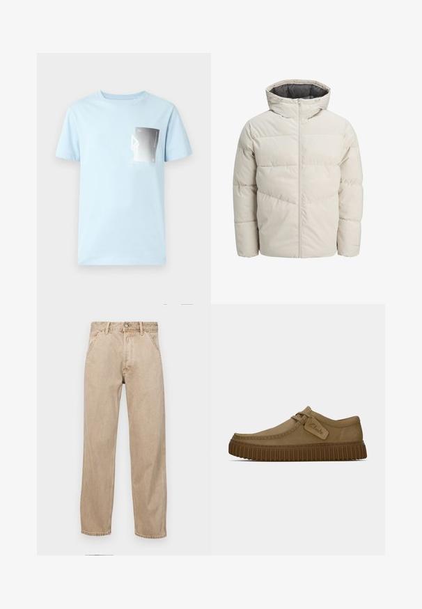 Padded jacket in light beige color with a high collar and zip closure. Features a quilted design and elastic cuffs. Lightweight fabric.; Light blue cotton t-shirt with short sleeves and a round neckline. Features a rectangular graphic in black and white on the left chest.; Beige denim jeans with a straight leg design, featuring front pockets, a metal button closure, and subtle texture.; Light brown suede shoes with a rounded toe, stitched detailing, and a ribbed brown rubber sole. Features a side tag with "Clarks" logo.