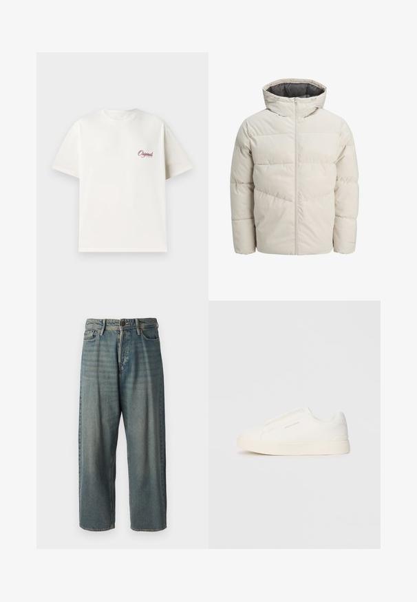 Valgebež väike paks jope kõrge kraega ja lukuga. Omab tikandit ja elastseid mansette. Kerge kangas.; Valge puuvillane T-särk lühikeste varrukatega, ümar kaelus ja väike punane trükitud logo vasakul rinnal. Sile tekstuur.; Heledad sinine denim-stiilis teksad, volüümse lõike, keskmise kõrgusega talje ja sirgete säärega. Omab viit taskut, vöökumme ja nööpide sulgemist.; Valged libisemiskindlad tossud tekstuuriga pinnaga, paksu tallaga ja minimalistikus disainis. Küljel on brändi logo.