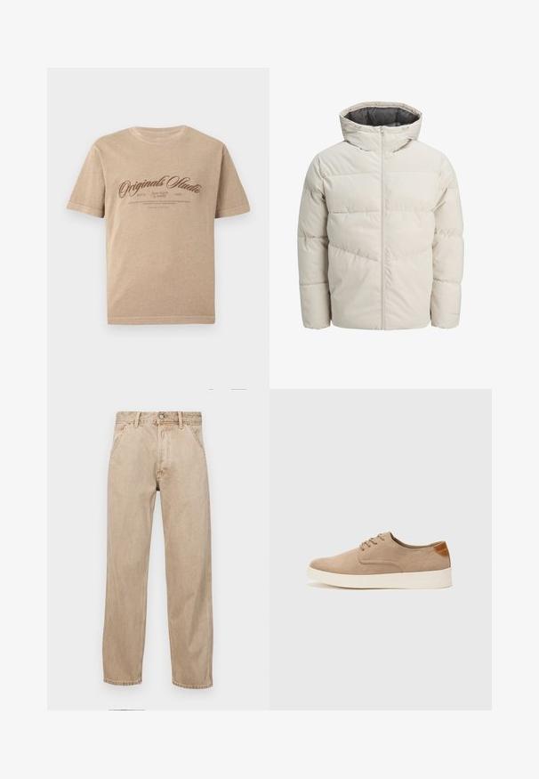 Gevoerde jas in lichtbeige kleur met een hoge kraag en ritssluiting. Heeft een gestikt design en elastische manchetten. Lichtgewicht stof.; Beige katoenen t-shirt met korte mouwen, voorzien van een bruine vintage-stijl print met de tekst "Originals Studio" en aanvullende tekst eronder.; Beige denim jeans met een recht gesneden ontwerp, voorzien van voorzakken, een metalen knoopsluiting en een subtiele textuur.; Beige suède sneakers met een ronde neus, vetersluiting aan de voorkant en een getextureerde achteraccent. De witte rubberen zool zorgt voor contrast. Eenvoudig en modern ontwerp.