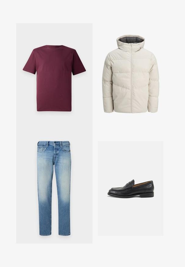 Padded jacket in light beige color with a high collar and zip closure. Features a quilted design and elastic cuffs. Lightweight fabric.; Maroon short-sleeved t-shirt, made of smooth cotton fabric, features a classic crew neckline and a relaxed fit with no visible patterns or accents.; Light blue denim jeans with a faded finish, straight-cut legs, five pockets, and button closure. Stitched detailing and brand label on the back.; Black leather loafers with a smooth finish, rounded toe, and decorative stitching on the vamp. Low stacked heel and slight shine.