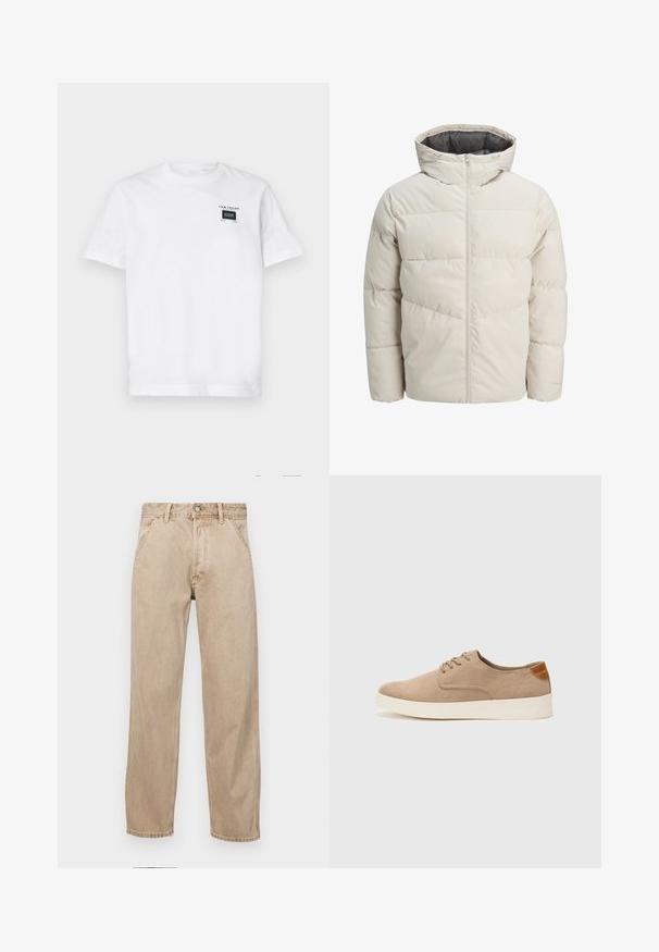 Leichte gepolsterte Jacke in hellbeige mit hohem Kragen und Reißverschluss. Verfügt über ein gestepptes Design und elastische Bündchen. Leichter Stoff.; Weißes T-Shirt aus Baumwolle mit Rundhalsausschnitt und kurzen Ärmeln. Auf der Vorderseite befindet sich ein kleines schwarzes Etikett mit Text und rechteckigem Design.; Beige Denim-Jeans mit geradem Beinschnitt, ausgestattet mit Vordertaschen, einem Metallknopfverschluss und feiner Textur.; Beige Wildleder-Sneaker mit runder Zehenpartie, Schnürung und strukturiertem Rückenteil. Die weiße Gummisohle sorgt für einen Kontrast. Einfaches und modernes Design.