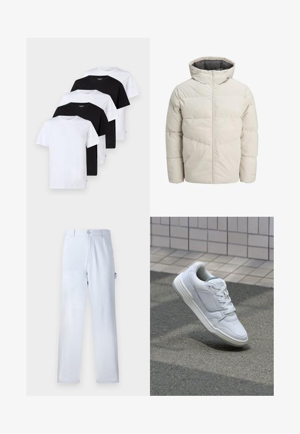 Padded striukė šviesiai bežinės spalvos su aukštu apykakliu ir užtrauktuku. Turi siuvinėtą dizainą ir elastingus rankogalius. Lengvas audinys.; Penkios trumpomis rankovėmis marškinėliai: du balti, trys juodi. Kiekvieni pagaminti iš medvilnės, turi apvalų kaklo iškirpimą ir standartinį siluetą.; Šviesiai mėlyni dryžuoti kelnių pagaminti iš medvilnės. Tiesaus kirpimo dizainas su priekinio mygtuko uždarymu ir šoninėmis kišenėmis. Minkšta tekstūra.; Baltos odinės sportinės bateliai su perforuotais šonais, tekstūruotais akcentais, plokščiomis raištelėmis ir kontrastingu pilku kulnu. Yra šiek tiek pakelti padas.