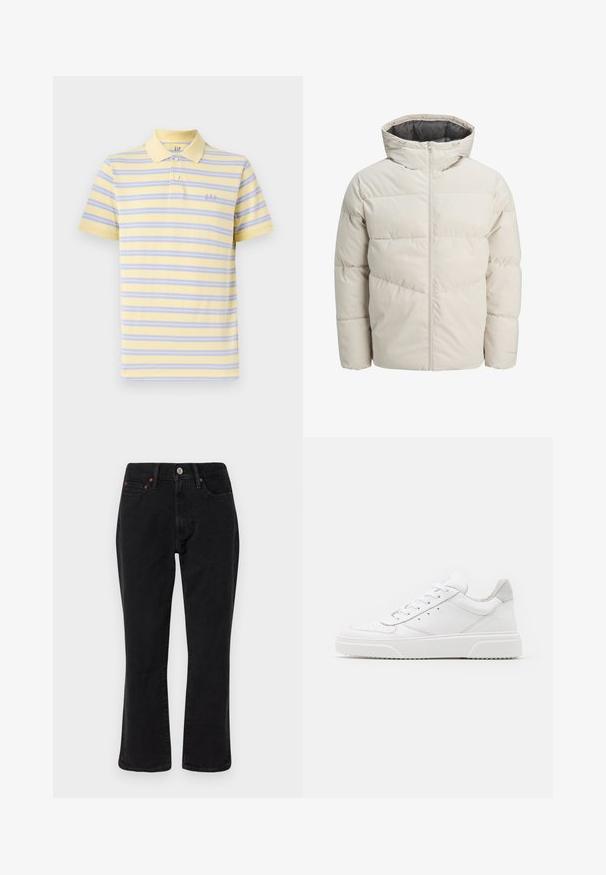 Valgebež väike paks jope kõrge kraega ja lukuga. Omab tikandit ja elastseid mansette. Kerge kangas.; Lühikese varrukaga polo särk pehme kollase värviga, millel on lillad ja sinised horisontaalsed triibud. Omab klassikalist kraed ja rinna peal on broderi "GAP" logo.; Mustad mustrid teksased, klassikalise sirge jalgade lõikega, viie taskuga stiilis ning metallist detailidega, millel on vasest aktsendid. Sile tekstuur ja keskmine tõus.; Valged nahast spordijalatsid siledast nahast viimistlusega, ümarate varvastega, lamekestega ja tekstuuriga tallaga. Hall suede aktsent kanna juures.