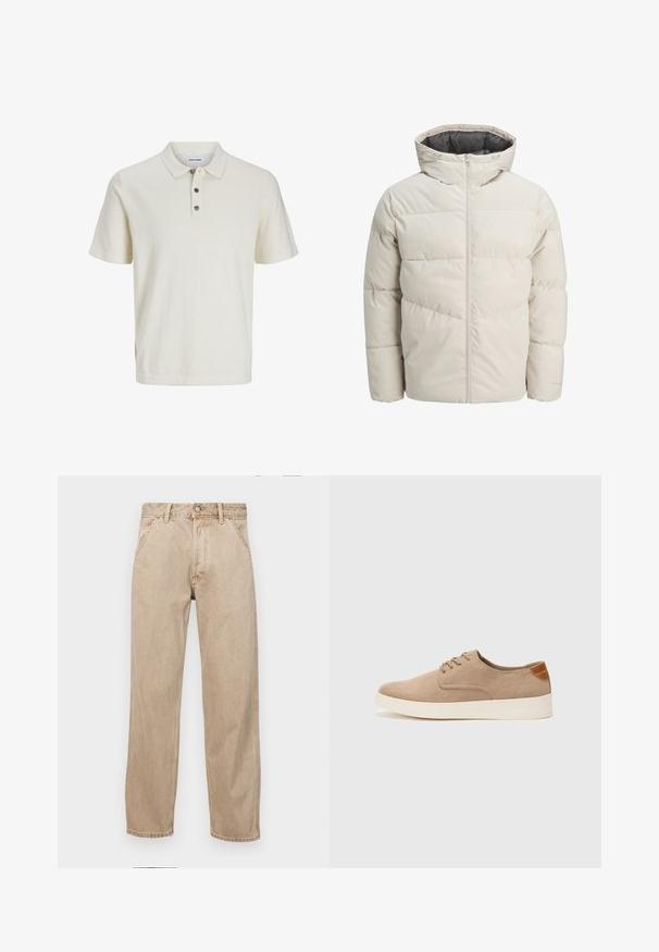 Veste matelassée de couleur beige clair avec un col montant et une fermeture éclair. Présente un design matelassé et des poignets élastiques. Tissu léger.; Polo shirt blanc à manches courtes en tissu doux et texturé, avec un col et trois boutons foncés sur le plastron.; Jeans en denim beige avec une coupe droite, dotés de poches avant, d'une fermeture à bouton en métal et d'une texture subtile.; Baskets en daim beige avec un embout arrondi, un laçage sur le devant et un accent texturé à l'arrière. La semelle en caoutchouc blanche offre un contraste. Design simple et moderne.