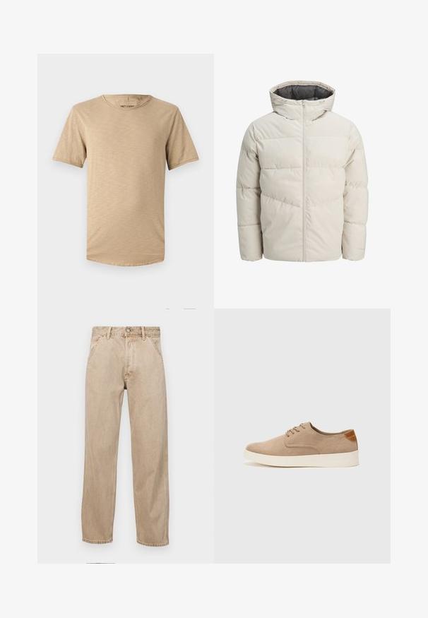 Gevoerde jas in lichtbeige kleur met een hoge kraag en ritssluiting. Heeft een gestikt design en elastische manchetten. Lichtgewicht stof.; Beige T-shirt met korte mouwen van zacht stof. Kenmerkt zich door een ronde halslijn en een licht gestructureerd oppervlak met een gebogen zoom.; Beige denim jeans met een recht gesneden ontwerp, voorzien van voorzakken, een metalen knoopsluiting en een subtiele textuur.; Beige suède sneakers met een ronde neus, vetersluiting aan de voorkant en een getextureerde achteraccent. De witte rubberen zool zorgt voor contrast. Eenvoudig en modern ontwerp.