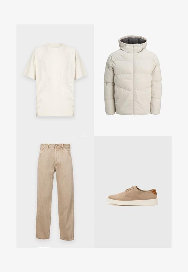 Gevoerde jas in lichtbeige kleur met een hoge kraag en ritssluiting. Heeft een gestikt design en elastische manchetten. Lichtgewicht stof.; Roomkleurig geribd T-shirt met korte mouwen en een ronde hals, met een ontspannen pasvorm, weergegeven tegen een effen lichte achtergrond.; Beige denim jeans met een recht gesneden ontwerp, voorzien van voorzakken, een metalen knoopsluiting en een subtiele textuur.; Beige suède sneakers met een ronde neus, vetersluiting aan de voorkant en een getextureerde achteraccent. De witte rubberen zool zorgt voor contrast. Eenvoudig en modern ontwerp.