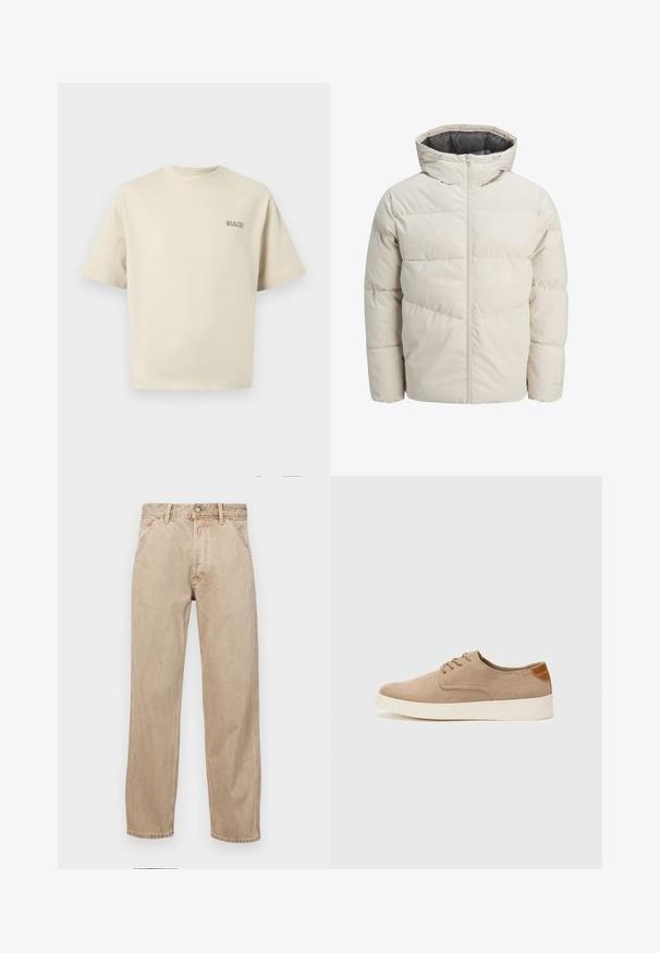 Polstret jakke i lys beige farge med høy krage og glidelås. Har en quiltet design og elastiske mansjetter. Lettvektstoff.; Beige bomull t-skjorte med korte ermer, rund hals og en liten "SELECTED" logo på venstre bryst. Glatt tekstur.; Beige denimjeans med rett ben design, med frontlommer, metallknapplukking og subtil tekstur.; Beige semskinnsko med rund tå, snøring foran og en teksturert bakre aksent. Hvit gummisåle gir kontrast. Enkelt og moderne design.