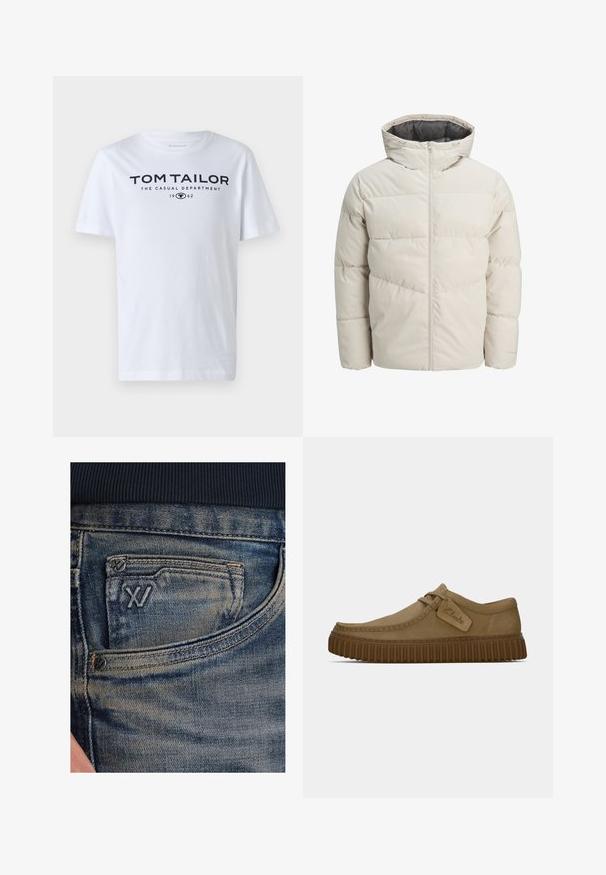 Padded jacket in light beige color with a high collar and zip closure. Features a quilted design and elastic cuffs. Lightweight fabric.; White cotton t-shirt featuring a crew neck, short sleeves, and navy text reading "TOM TAILOR THE CASUAL DEPARTMENT 1962."; Blue denim jeans with a faded texture, featuring a coin pocket and a black logo accent on the front. Waistband is dark navy ribbed fabric.; Light brown suede shoes with a rounded toe, stitched detailing, and a ribbed brown rubber sole. Features a side tag with "Clarks" logo.