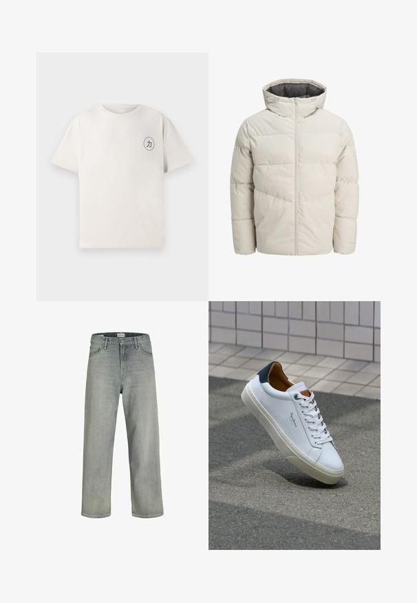 Padded jacket in light beige color with a high collar and zip closure. Features a quilted design and elastic cuffs. Lightweight fabric.; Short-sleeve, light beige t-shirt made of cotton. Features a round neckline and a black circular graphic with a symbol on the left chest.; Light gray, loose-fitting jeans made of denim. Features a classic five-pocket design, belt loops, and a straight leg silhouette.; White leather sneaker with a navy heel, round toe, and contrasting brown accents. Features flat laces and textured rubber sole.