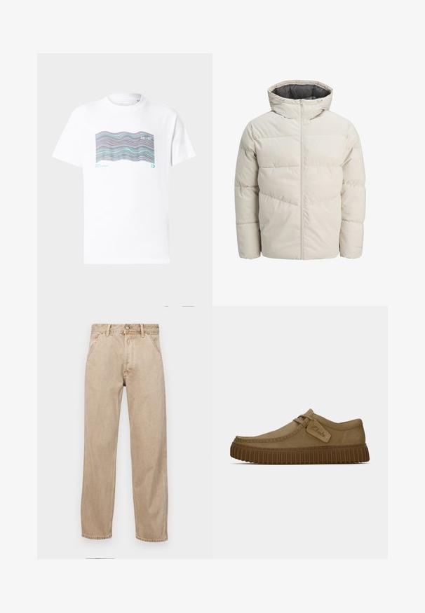 Padded jacket in light beige color with a high collar and zip closure. Features a quilted design and elastic cuffs. Lightweight fabric.; White cotton t-shirt featuring a multicolored wave pattern along with text "MIAMI" and "20-97" printed on the front. Short sleeves, round neck.; Beige denim jeans with a straight leg design, featuring front pockets, a metal button closure, and subtle texture.; Light brown suede shoes with a rounded toe, stitched detailing, and a ribbed brown rubber sole. Features a side tag with "Clarks" logo.