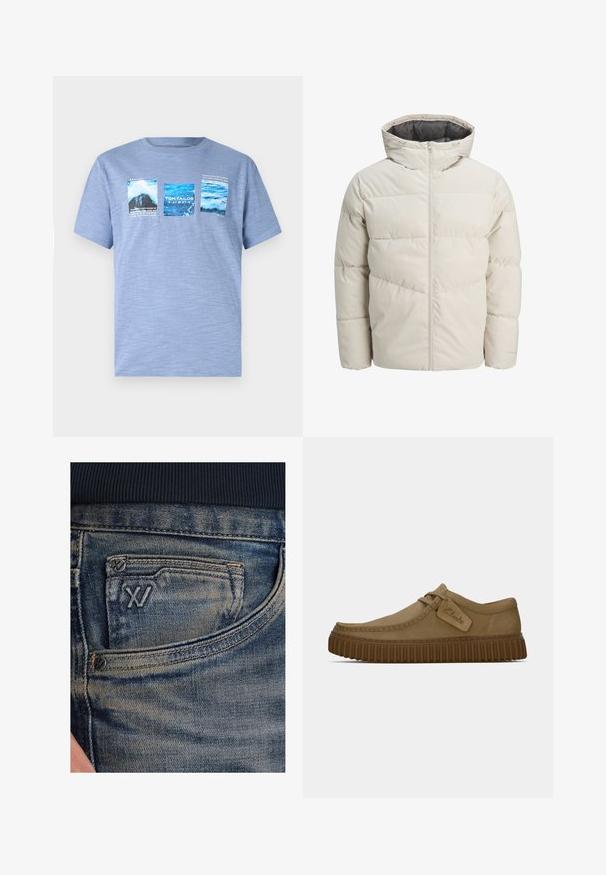 Podložena jakna v svetli bež barvi z visokim ovratnikom in zadrgo. Ima kvačkan vzorec in elastične manšete. Lahka tkanina.; Svetlo modra majica s kratkimi rokavi, izdelana iz mehkega materiala, z tremi grafičnimi motivi, ki prikazujejo vodo in pokrajine z besedilnimi podrobnostmi.; Modre denim kavbojke z izbledelo teksturo, z žepkom za kovance in črnim logotipom spredaj. Pas je iz temno mornarsko modrega rebrastega blaga.; Svetlo rjave antilop čevlje z ovalnim nosom, šivi in ribasto rjavo gumijasto podplat. Ima stransko oznako z logotipom "Clarks".