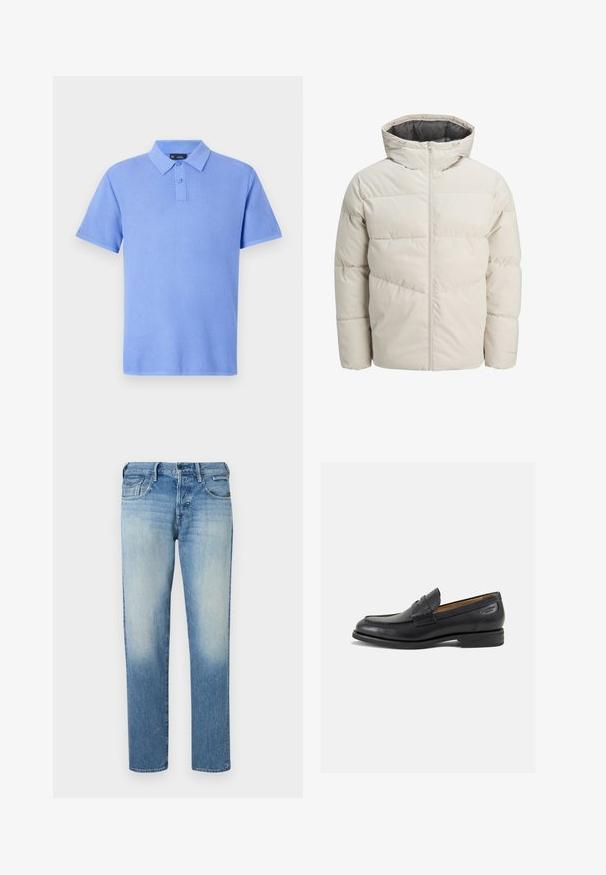 Párnázott dzseki világos bézs színben, magas gallérral és cipzáras záródással. Steppelt dizájn és rugalmas mandzsetta jellemzi. Könnyű anyag.; Világoskék pólóing, rövid ujjú, textúrált kötött anyagból, három gombos gallérral, minták vagy díszítések nélkül.; Világoskék farmernadrág, kopott hatású, egyenes szabású lábszárral, öt zsebbel és gombos zárással. Steppelt részletek és márkajelzés a hátsó részen.; Fekete bőr loaferek sima felülettel, lekerekített orral és díszítő varrással a lábfejen. Alacsony, réteges sarkú és enyhe fényű.