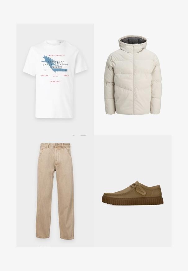 Vaatteet, joissa on vaahtomuovilla vuorattuja takkeja vaaleanbeige värissä, joissa on korkea kaulus ja vetoketjukiinnitys. Takissa on tikattu malli ja elastiset hihansuut. Kevyt kangas.; Valkoinen puuvillapaita, jossa on sininen lentokonesuunnittelu ja punainen teksti. Suunnittelu sisältää ilmailuteemaisia yksityiskohtia ja erilaisia painokokoja.; Beige farkkuhousut suoranlahkeisella muotoilulla, joissa on etutaskut, metallinen nappisulku ja hillitty rakenne.; Vaaleanruskeat mokkakengät, joissa on pyöreä kärki, ommeltuja yksityiskohtia ja uritettu ruskea kumipohja. Kengissä on myös sivulappu, jossa on "Clarks"-logo.