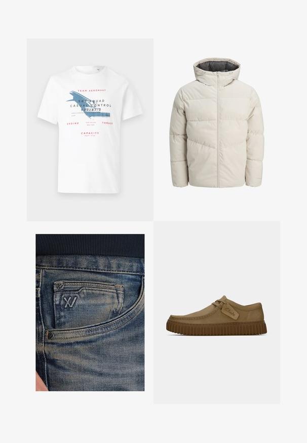 Podložena jakna v svetli bež barvi z visokim ovratnikom in zadrgo. Ima kvačkan vzorec in elastične manšete. Lahka tkanina.; Bela bomba iz bombaža s tiskom modrega letala in rdečim napisom. Oblikovanje vključuje podrobnosti, povezane z letalstvom, in različne velikosti potiska.; Modre denim kavbojke z izbledelo teksturo, z žepkom za kovance in črnim logotipom spredaj. Pas je iz temno mornarsko modrega rebrastega blaga.; Svetlo rjave antilop čevlje z ovalnim nosom, šivi in ribasto rjavo gumijasto podplat. Ima stransko oznako z logotipom "Clarks".