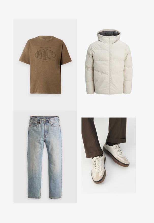 Padded jakna u svijetlosmeđoj boji s visokim ovratnikom i zatvaračem na munju. Ima kvadratni dizajn i elastične manžetne. Lagana tkanina.; Smeđa majica kratkih rukava s okruglim izrezom i izblijedjelim logom s tekstom "Premium Co. Dry On My Gods Jack & Jones Est. 90" ispisanim sprijeda.; Svijetloplave traperice visoki struk, prednji gumb, zatvarač i dizajn s pet džepova, položene ravno na neutralnoj pozadini.; Bež tenisice s teksturiranom nubuk prednjom stranom, glatkim kožnim bočnim stranama i smešnim gumenim potplatom. Uključene su vezice i lagani detalji šivanja.