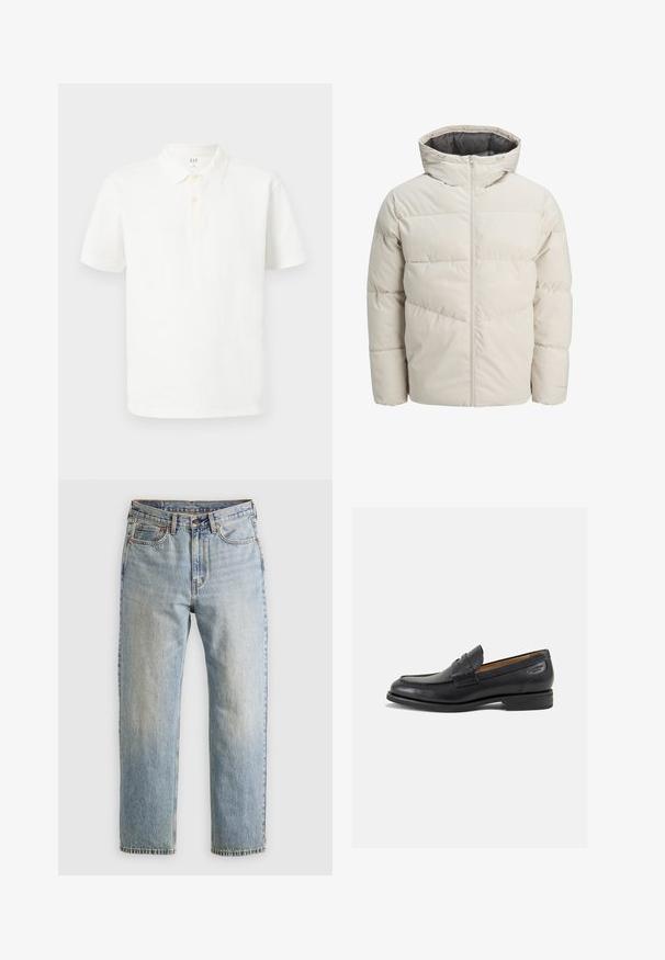 Párnázott dzseki világos bézs színben, magas gallérral és cipzáras záródással. Steppelt dizájn és rugalmas mandzsetta jellemzi. Könnyű anyag.; Fehér pamut póló klasszikus gallérral, rövid ujjakkal, kétgombos gombolással és finoman texturált anyaggal.; Világoskék farmernadrág magas derékkal, elülső gombbal, cipzárral és öt zsebbel, sima háttérre fektetve.; Fekete bőr loaferek sima felülettel, lekerekített orral és díszítő varrással a lábfejen. Alacsony, réteges sarkú és enyhe fényű.
