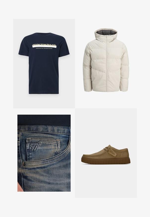 Vadderad jacka i ljusbeige färg med hög krage och dragkedjestängning. Har en quiltad design och elastiskaärmavslut. Lättviktsmaterial.; Mörkblå bomulls t-shirt med kort ärm och rund halsringning. Har vit och guld text: "DENIM TOM TAILOR" och "etablerad två tusen sju."; Blå denimjeans med en blekt textur, utrustade med en myntficka och en svart logotypdetalj på framsidan. Midjebandet är av mörk marinblå ribbad tyg.; Ljust bruna mockaskor med rund tå, sydda detaljer och en ribbad brun gummisula. Har en sidetikett med "Clarks"-logotyp.