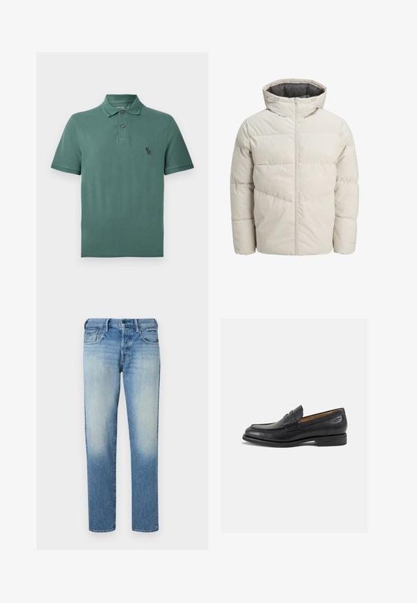 Polstret jakke i lys beige farve med høj krave og lynlås. Har et quiltet design og elastiske manchetter. Letvægtsstof.; Grøn bomulds polo skjorte med krave, to knapper og et lille sort logo på brystet. Korte ærmer og lige kant.; Blå og hvid stribet button-up skjorte med krave, lange ærmer og lige kant. Blødt stof og klassisk pasform.; Lys blå denim jeans med en falmet finish, lige ben, fem lommer og knaplukning. Syninger og mærke på bagsiden.; Sorte læder loafers med en glat finish, rund tå og dekorativ syning på vampen. Lav stablet hæl og let glans.