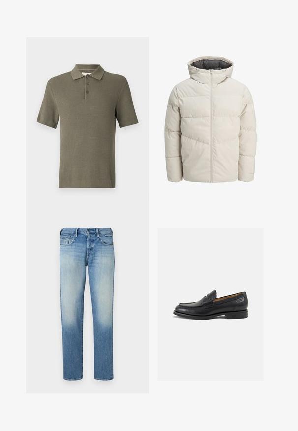 Pružná bunda svetlej béžovej farby s vysokým golierom a zipsom. Má prešívaný dizajn a elastické manžety. Ľahký materiál.; Olivovo zelená polokošeľa s krátkym rukávom vyrobená z textúrovanej pleteniny. Obsahuje klasický golier a trojica gombíkov s rebrovaným lemom.; Svetlomodré deninové džínsy s vyblednutým povrchom, rovný strih nohavíc, päť vreciek a gombíkovým zapínaním. Prešité detaily a značka na zadnej strane.; Čierne kožené mokasíny s hladkým povrchom, zaoblenou špičkou a dekoratívnym prešívaním na prednej časti. Nízky kokteilový opätok a jemný lesk.