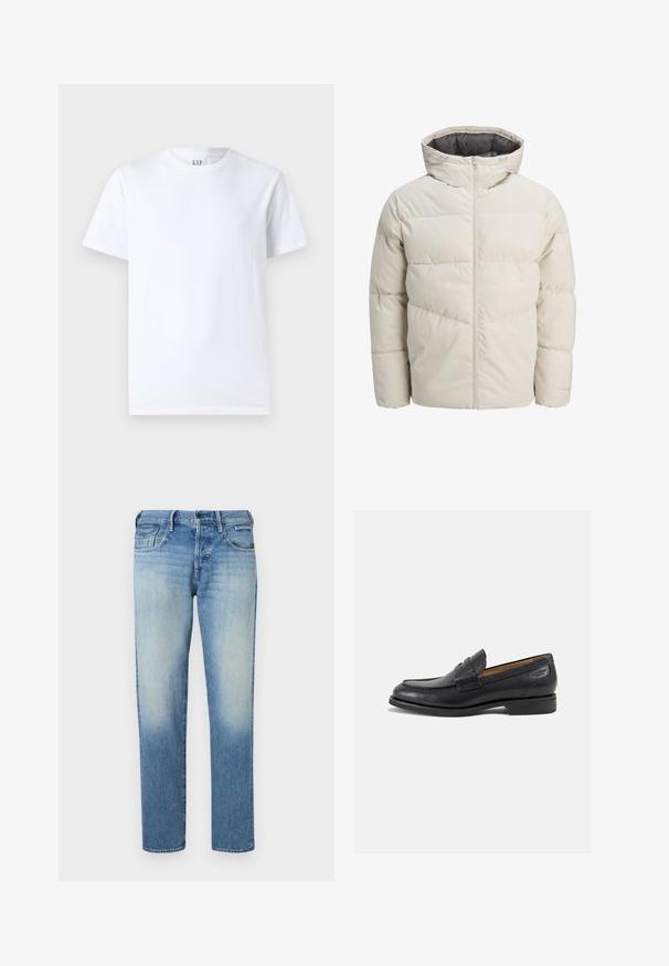 Valgebež väike paks jope kõrge kraega ja lukuga. Omab tikandit ja elastseid mansette. Kerge kangas.; Valge puuvillane T-särk ümara kaelusega ja lühikeste varrukatega. Lihtne disain, ilma mustrite või graafikateta, kollase GAP brändimisega kaeluses.; Heledad sinine denimist teksapüksid, millel on tuhm viimistlus, sirged jalad, viis taskut ja nööbiga kinnitamine. Õmblemise detailid ja brändi silt tagaküljel.; Mustad mustad nahast loafers, sujuva viimistlusega, ümar sirge ja dekoratiivne tikand peal. Madal ja kergelt kuhjatud konts ning kerge läige.