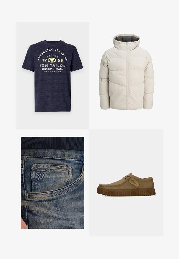 Padded jacket in light beige color with a high collar and zip closure. Features a quilted design and elastic cuffs. Lightweight fabric.; Granatowa koszulka z krótkim rękawem o heatherowym wzorze, z białym i żółtym nadrukiem z przodu, zawierającym nazwę marki oraz rok założenia.; Niebieskie dżinsy z denimu o wyblakłej fakturze, z kieszonką na monety i czarnym logo na przodzie. Pas wykonany z ciemnogranatowej dzianiny prążkowanej.; Jasnobrązowe zamszowe buty z okrągłym noskiem, z przeszyciami i brązową gumową podeszwą o żebrowanej fakturze. Posiadają boczną metkę z logo "Clarks".