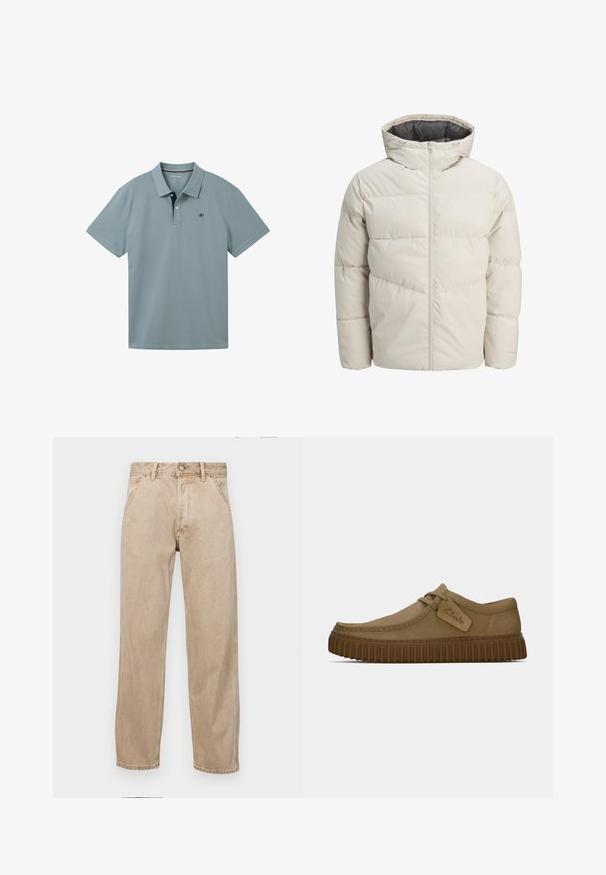 Vadderad jacka i ljusbeige färg med hög krage och dragkedjestängning. Har en quiltad design och elastiskaärmavslut. Lättviktsmaterial.; Ljust blå pikétröja med klassisk krage, tvåknapprad och kontrasterande marinblå innerkrage. Kortsleevar med rena sömmar.; Beige denimjeans med rak passform, som har framfickor, metallknappstängning och subtil textur.; Ljust bruna mockaskor med rund tå, sydda detaljer och en ribbad brun gummisula. Har en sidetikett med "Clarks"-logotyp.