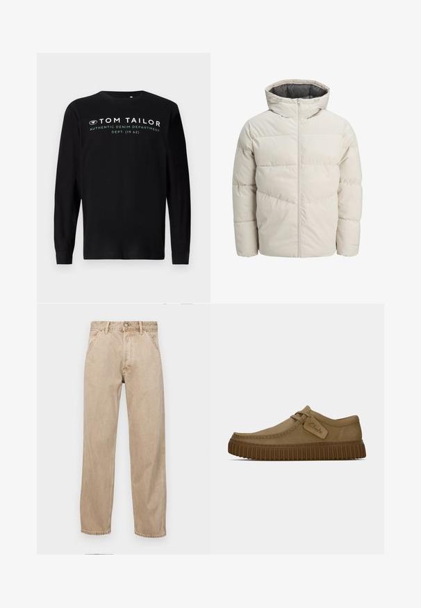 Casaco acolchoado em bege claro com gola alta e fecho de zip. Apresenta um design acolchoado e punhos elásticos. Tecido leve.; T-shirt preta de manga longa feita de algodão, com decote redondo e a marcação em texto branco "TOM TAILOR AUTHENTIC DENIM DEPARTMENT" na frente.; Jeans de ganga bege com um design de perna reta, apresentando bolsos frontais, fecho com botão metálico e uma textura subtil.; Sapatos de camurça castanho claro com bico arredondado, detalhes costurados e uma sola de borracha castanha ribada. Apresenta uma etiqueta lateral com o logótipo "Clarks".