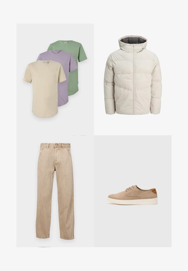 Giacca imbottita di colore beige chiaro con colletto alto e chiusura con zip. Presenta un design trapuntato e polsini elasticizzati. Tessuto leggero.; Tre T-shirt a maniche corte nei colori crema, lavanda e verde. Realizzate in morbido cotone, con scollature rotonde e vestibilità comoda.; Jeans in denim beige con un design a gamba dritta, dotati di tasche frontali, chiusura con bottone metallico e una texture delicata.; Sneaker in suede beige con punta arrotondata, stringhe davanti e un accento testurizzato sul retro. La suola in gomma bianca offre un contrasto. Design semplice e moderno.