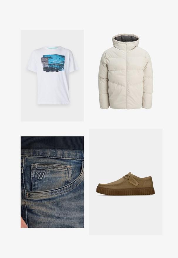 Leichte gepolsterte Jacke in hellbeige mit hohem Kragen und Reißverschluss. Verfügt über ein gestepptes Design und elastische Bündchen. Leichter Stoff.; Weißes T-Shirt mit kurzen Ärmeln, das ein blaues grafisches Design mit Text, ein strukturiertes Muster und einen runden Halsausschnitt aufweist, aus leichtem Baumwollmaterial gefertigt.; Blaue Jeans aus Denim mit einem ausgeblichenen Muster, ausgestattet mit einer Münztasche und einem schwarzen Logo-Akzent auf der Vorderseite. Der Bund besteht aus dunkelblauem, geripptem Stoff.; Hellbraune Wildlederschuhe mit runder Zehenpartie, genähten Details und einer gerippten braunen Gummisohle. Mit einem Seitenschild mit dem "Clarks"-Logo.