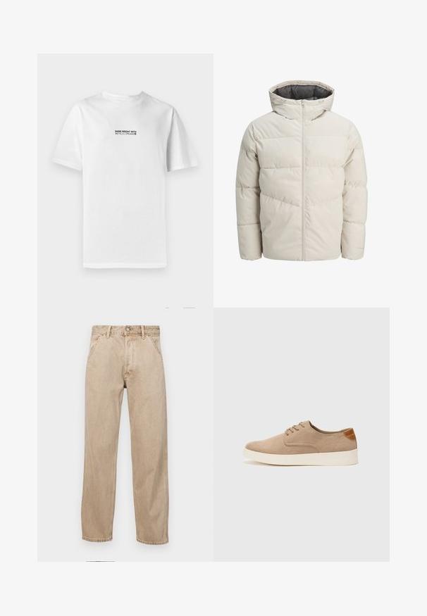 Valgebež väike paks jope kõrge kraega ja lukuga. Omab tikandit ja elastseid mansette. Kerge kangas.; Valge puuvillane T-särk lühikeste varrukatega, mille ees keskel on must graafiline tekst: "PAISTA HEA KULDA SNOVNITES".; Bežidemini teksased sirgjoonise kujundusega, front pocket'itega, metallist nööbi kinnitusega ja peene tekstuuriga.; Beežid nahast tossud ümarate varvastega, paeltega esiosa ja tekstuuriga tagakontuuriga. Valge kummist tallapakkumine loob kontrasti. Lihtne ja kaasaegne disain.