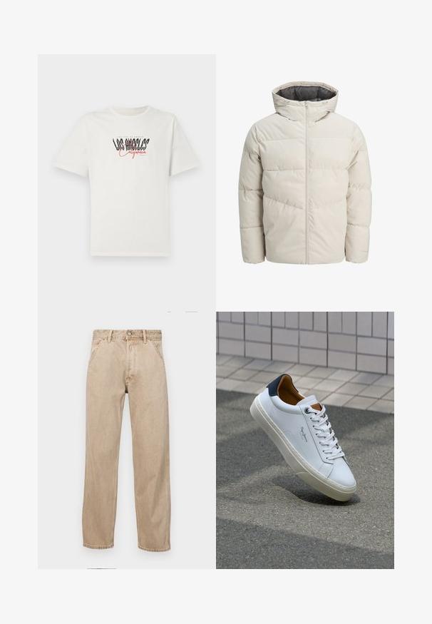 Polstret jakke i lys beige farve med høj krave og lynlås. Har et quiltet design og elastiske manchetter. Letvægtsstof.; Hvid bomulds t-shirt med korte ærmer og rund halsudskæring. Har et grafisk tryk med "Los Angeles California" i sort og rød. Enkelt, afslappet pasform.; Beige denimjeans med lige bendesign, med forlommer, metalknaplukning og subtil struktur.; Hvide lædersneakers med en marineblå hæl, rund tå og kontrasterende brune detaljer. Har flade snørebånd og en tekstureret gummisål.