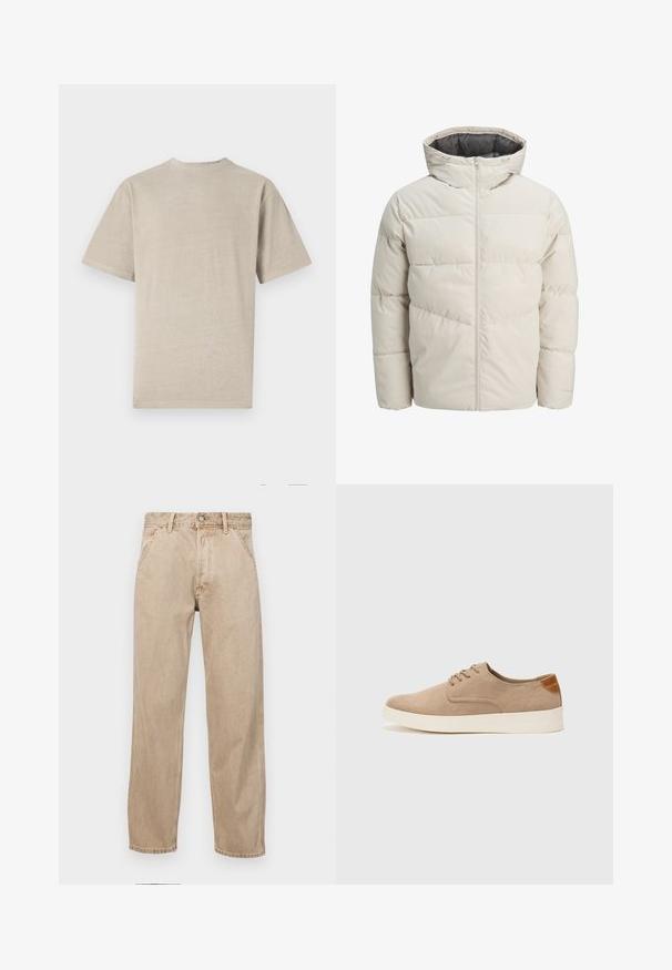 Podložena jakna v svetli bež barvi z visokim ovratnikom in zadrgo. Ima kvačkan vzorec in elastične manšete. Lahka tkanina.; Majica s kratkimi rokavi v svetlem bež odtenku, z okrog lim, narejena iz mehke tkanine, s gladko teksturo in preprostim dizajnom brez grafike.; Beige jeans iz džinsa s ravnim nogavicama, ki imajo sprednje žepe, kovinsko zapiranje in subtilno teksturo.; Bež tkanine usnjene superge z zaobljenim nosom, vezalkami na sprednji strani in teksturiranim zadnjim detajlom. Belo gumijasto podplato zagotavlja kontrast. Enostaven in sodoben dizajn.