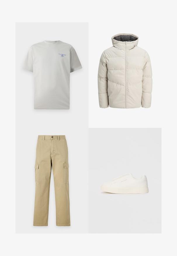 Padded jakna u svijetlosmeđoj boji s visokim ovratnikom i zatvaračem na munju. Ima kvadratni dizajn i elastične manžetne. Lagana tkanina.; Svijetlo siva pamučna majica kratkih rukava, s okruglim izrezom i malim plavim logotipom na lijevoj strani prsnog dijela. Glatka tekstura.; Bež cargo hlače izrađene od pamuka, s dva bočna džepa, zatvaranjem na gumb i ravnim nogavicama od blago teksturirane tkanine.; Bijele slip-on tenisice s teksturiranom površinom, debelim đonom i minimalističkim dizajnom. Sadrže logo branda sa strane.