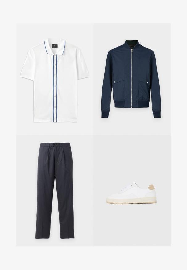 Marineblaue Bomberjacke aus glattem Stoff, mit durchgehendem Reißverschluss vorne, geripptem Kragen und Bündchen sowie zwei Fronttaschen mit silbernen Beschlägen.; Weiße Poloshirt mit blauen Akzentstreifen entlang des Kragens und der Knopfleiste, mit kurzen Ärmeln und einem klassischen Button-Down-Design.; Dunkelblaue Hose aus weichem Stoff mit gef alteter Vorderseite und elastischem Bund. Verfügt über einen Knopfverschluss und gerades Bein.; Weiße Low-Top-Sneaker mit einem strukturierten Lederobermaterial, cremefarbener, geriffelter Sohle und einem braunen Akzent an der Ferse. Mit weißen Schnürsenkeln und Logodetail an der Ferse.