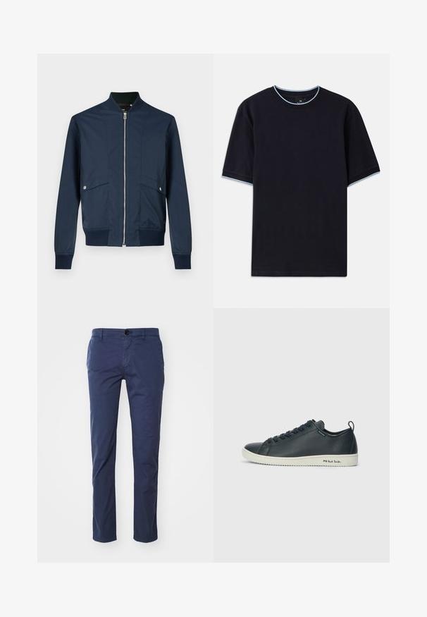 Mörkblå bomberjacka i slätt tyg, med dragkedja framtill, ribbad krage och muddar, samt två framfickor med silverfärgade detaljer.; Mörkblå t-shirt med kort ärm och rund halsringning, med ljusblå detaljer vid kragen och ärmarna. Tillverkad av mjukt bomullstyg.; Mörkblå bomullschinos med rak ben design, med en enda framknapp och sidofickor. Slät textur, klassisk passform.; Mörkblå lädersneaker med en slät finish, rund tå, sex ögla snörning och kontrasterande vit gummisula. Har varumärke på sidan.