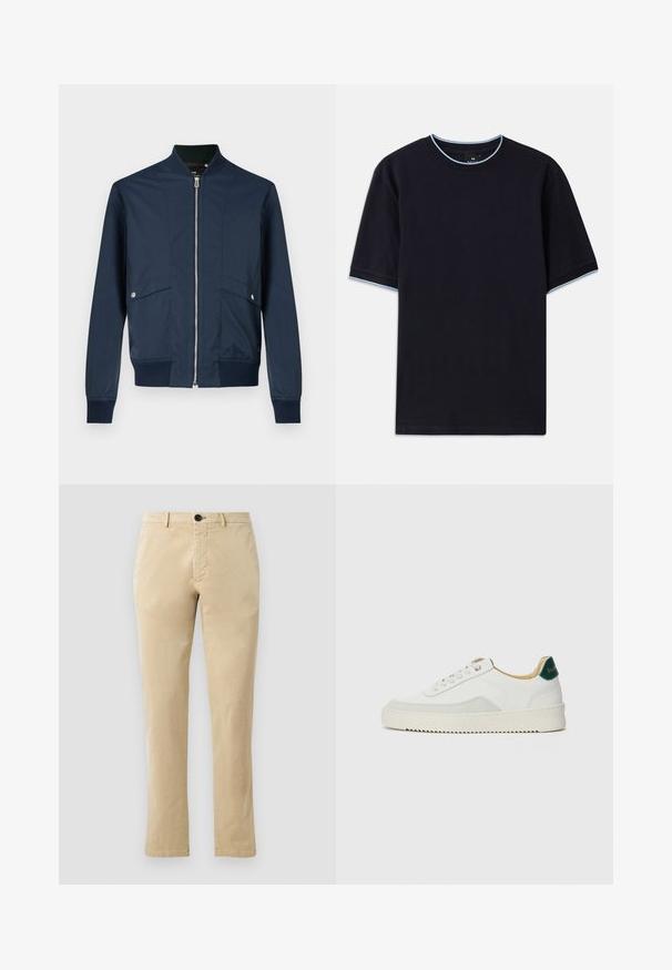 Laivastonsininen bomber-takki, joka on valmistettu sileästä kankaasta ja jossa on vetoketjulla suljettava etuosa, resoritettu kaulus ja hihansuut sekä kaksi etutaskua hopeisilla yksityiskohdilla.; T-paita tummansinisestä lyhythihaisesta kankaasta pyöreällä kaula-aukolla, jossa vaaleansininen yksityiskohta kauluksessa ja hihoissa. Valmistettu pehmeästä puuvillakankaasta.; Beige puuvillachino-housut suoran lahkeen muotoilulla, etupainikkeella ja hienovaraisilla ompeluyksityiskohdilla. Sileä rakenne ilman kuvioita.; Valkoiset tennarit, joissa on nahkaosia, pyöreä kärki, tasaiset nauhat ja kermaisa kumi-pohja. Takana vihreä brändäys.