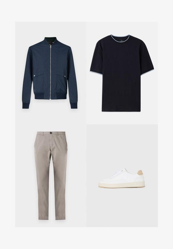 Casaco bomber azul-marinho feito de tecido liso, com fecho de correr frontal, gola e punhos canelados, e dois bolsos frontais com ferragens prateadas.; Camiseta de manga curta azul-escura com decote redondo, apresentando um detalhe azul-claro na gola e nas mangas. Feita de um tecido de algodão macio.; Calças de algodão cinzas com um corte reto, apresentando um fecho de botão, bolsos frontais e uma textura suave. Nenhum outro detalhe ou padrão visível.; Sapatilhas brancas de cano baixo com parte superior em couro texturizado, sola cream estriada e detalhe em tan no calcanhar. Apresenta atacadores brancos e detalhe do logótipo no calcanhar.