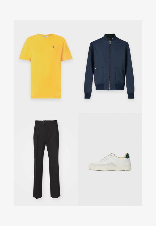 Navy blue bomber jacket made of smooth fabric, featuring a zip front, ribbed collar and cuffs, and two front pockets with silver hardware.; Yellow cotton T-shirt with short sleeves, round neckline, and a small black logo on the left chest area. Smooth texture and standard fit.; Black tailored trousers featuring a straight leg design, two front pockets, and a double-button closure at the waistband. Smooth fabric texture.; White sneaker with suede accents, rounded toe, flat laces, and a cream rubber sole. Features green branding on the heel.