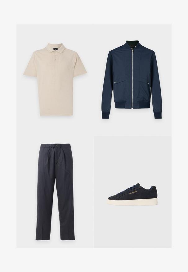 Giubbotto bomber blu navy realizzato in tessuto liscio, con chiusura frontale con zip, collo e polsini a costine, e due tasche frontali con dettagli in metallo color argento.; Maglietta polo beige realizzata in morbido misto cotone, dotata di colletto classico, pattina con tre bottoni e maniche corte. Design semplice e versatile.; Pantaloni scuri in navy realizzati in tessuto morbido, con design a pieghe frontali e vita elastica. Presentano una chiusura con bottone e un taglio dritto.; Sneaker bassa in suede blu navy con suola bianca, lacci blu navy e logo "Filling Pieces" in oro sul lato.