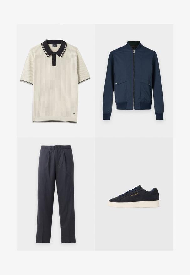 Sötétkék bomberdzseki sima anyagból, cipzáras elülső résszel, bordázott gallérral és mandzsettával, valamint két elülső zsebbel ezüst színű díszítéssel.; Rövid ujjú pólókrém színben, texturált mintával, fekete gallérral és gombolással, kontrasztos csíkkal. Logo a szegélyen.; Sötét tengerészkék nadrág, puha anyagból, plissézett elejű kialakítással és gumis derékkal. Gombos záródással és egyenes szárú szabással rendelkezik.; Sötétkék velúr, alacsony szárú teniszcipő fehér talppal, sötétkék fűzőkkel és arany színű "Filling Pieces" logóval az oldalán.